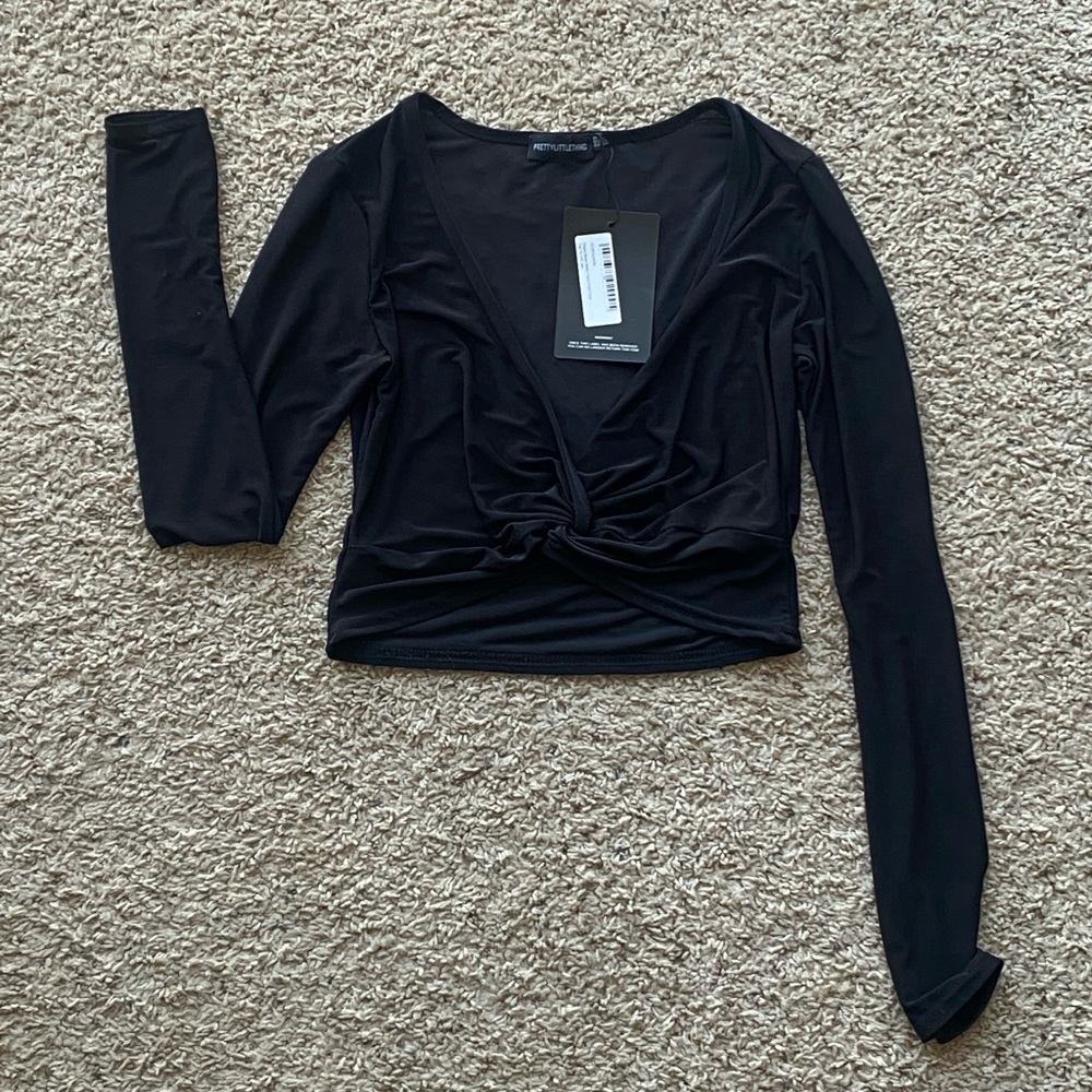Shape Black Slinky Twist Front Crop Long Sleeve